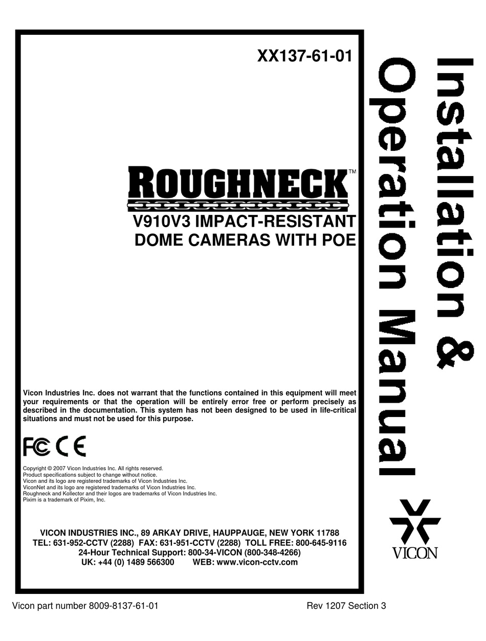 VICON ROUGHNECK V910V3 SERIES INSTALLATION & OPERATION MANUAL Pdf ...