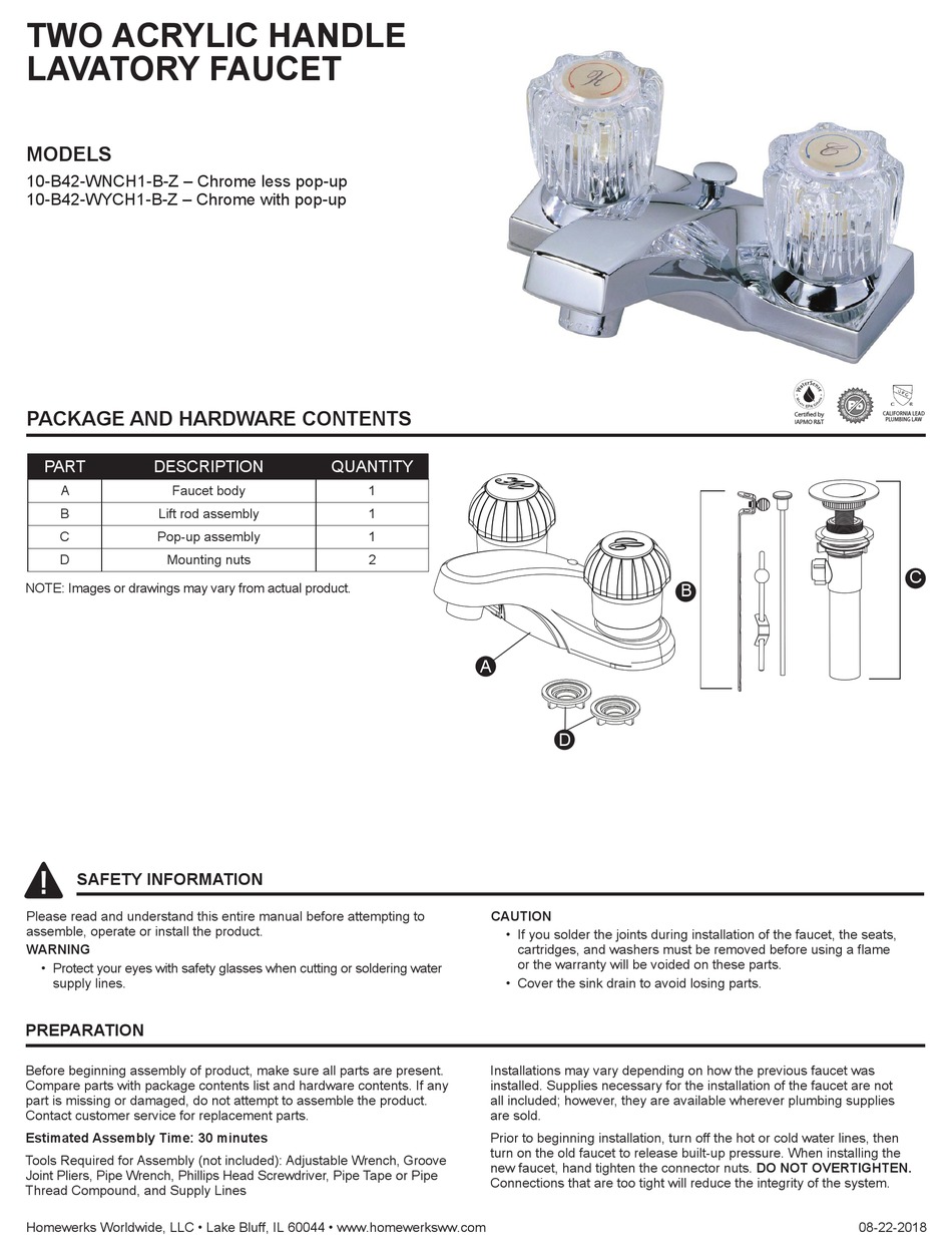 HOMEWERKS 10-B42-WNCH1-B-Z MANUAL Pdf Download | ManualsLib