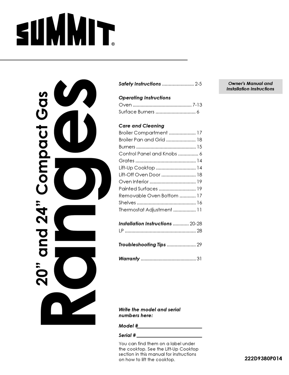 SUMMIT PRO200SS OWNER'S MANUAL AND INSTALLATION INSTRUCTIONS Pdf