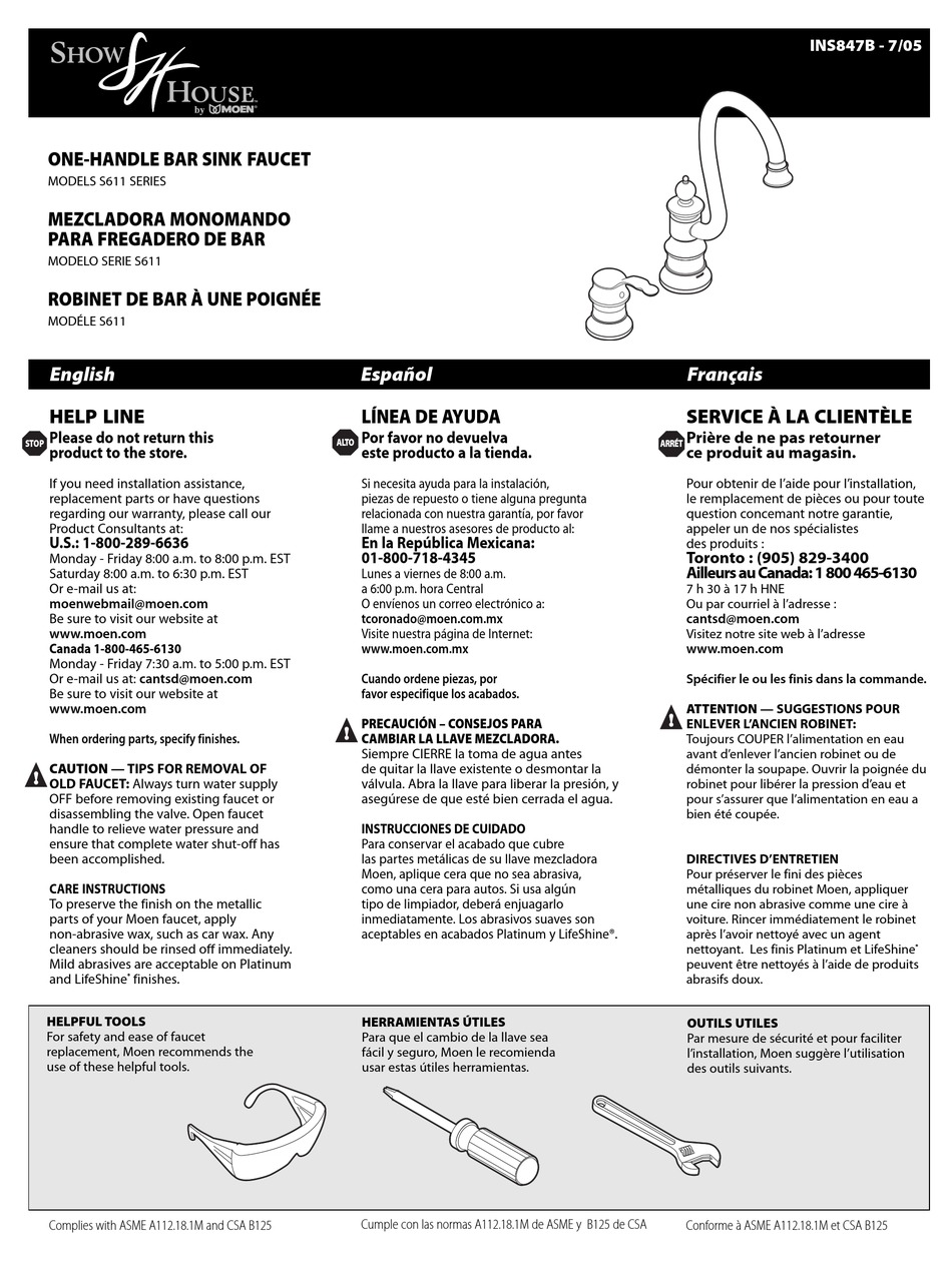 MOEN SHOWHOUSE S611ORB INSTALLATION INSTRUCTIONS Pdf Download ManualsLib