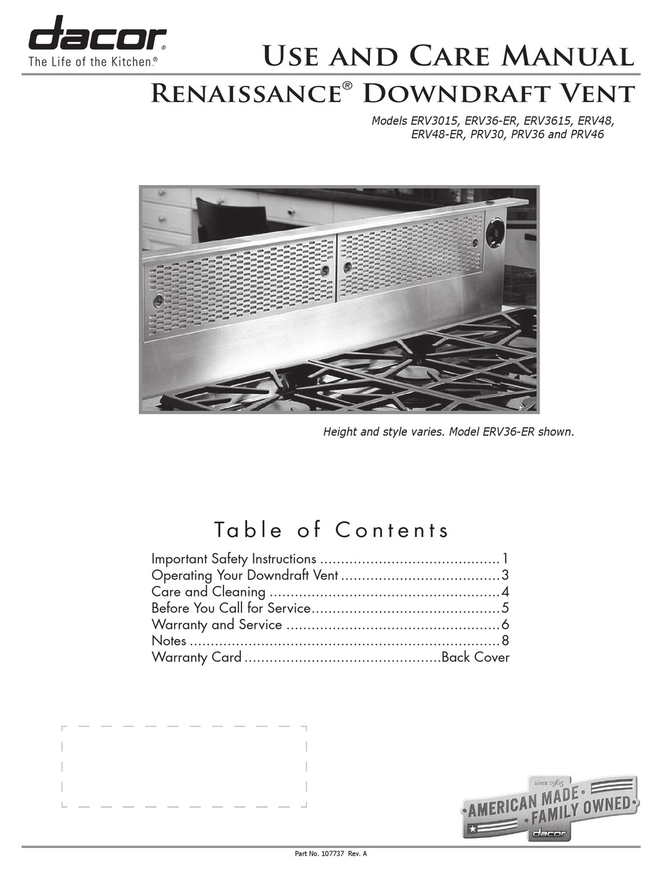 DACOR RENAISSANCE ERV48 USE AND CARE MANUAL Pdf Download ManualsLib
