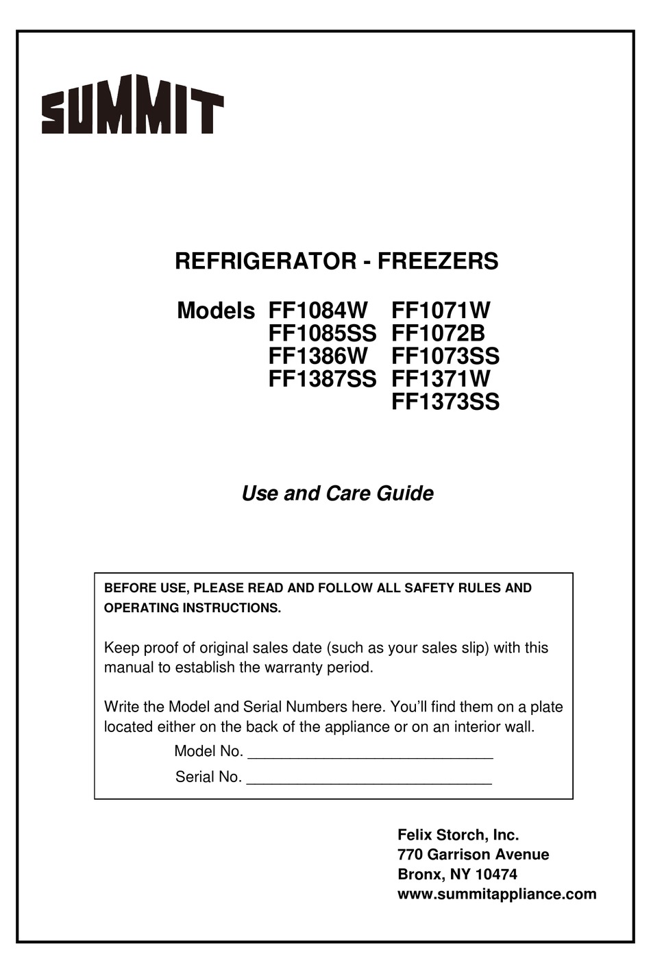 SUMMIT FF1084W USE AND CARE MANUAL Pdf Download | ManualsLib