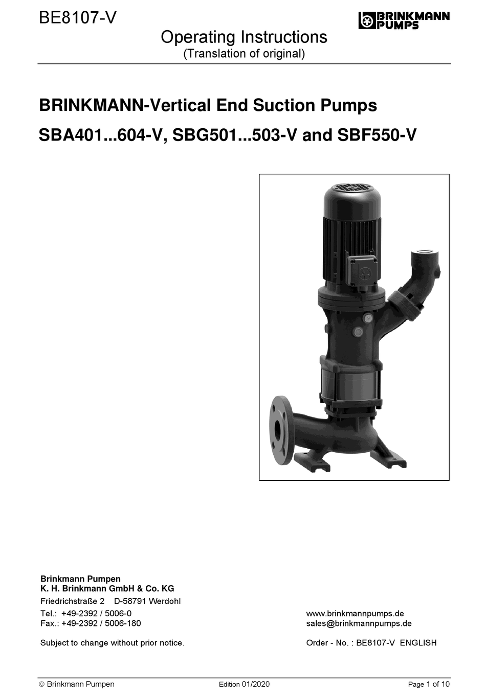 BRINKMANN PUMPS SBA401V OPERATING INSTRUCTIONS MANUAL Pdf Download
