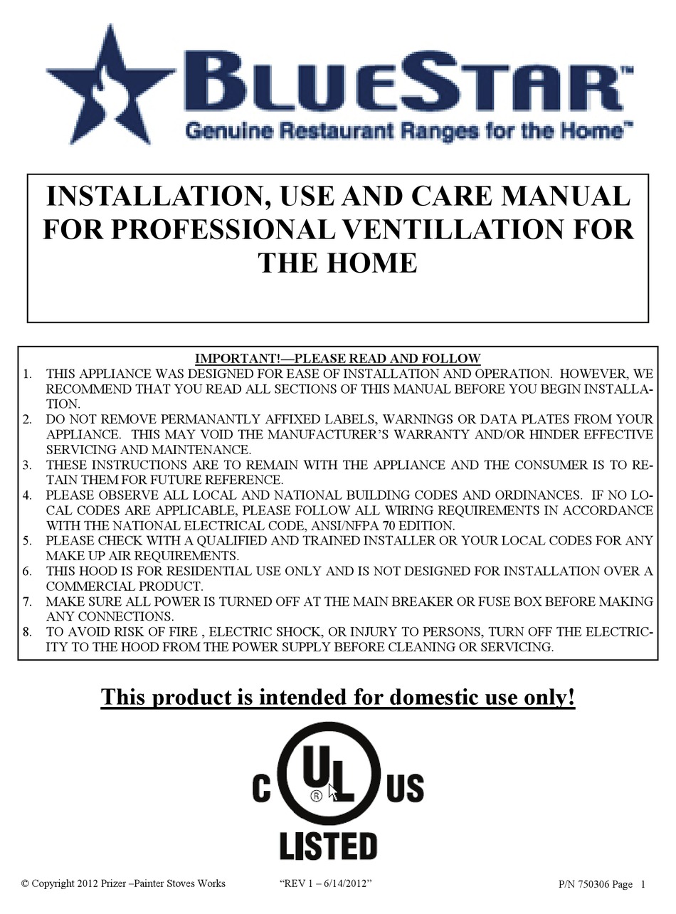 BLUESTAR PL30240 INSTALLATION USE AND CARE MANUAL Pdf Download ManualsLib