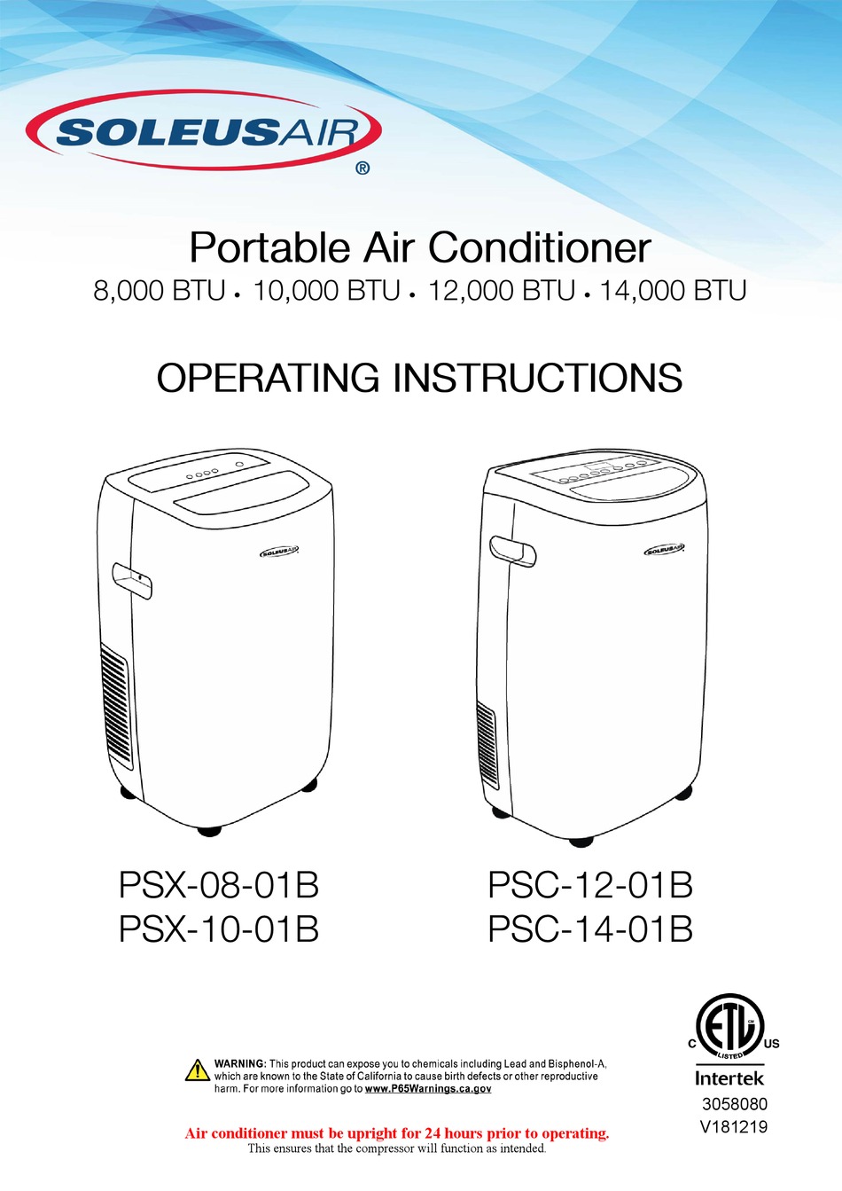 SOLEUS AIR PSX0801B OPERATING INSTRUCTIONS MANUAL Pdf Download