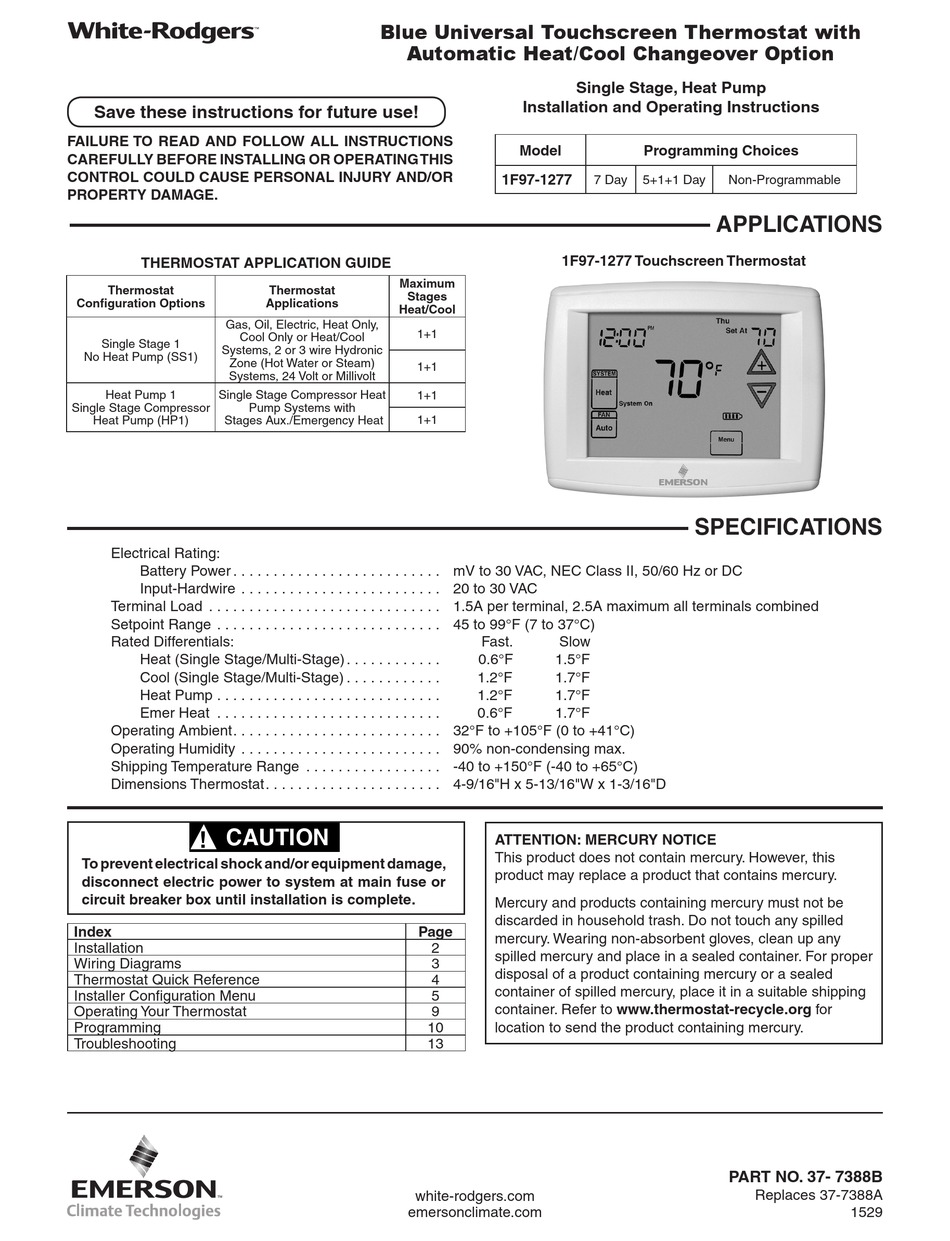 EMERSON WHITE-RODGERS 1F97-1277 INSTALLATION AND OPERATING INSTRUCTIONS ...