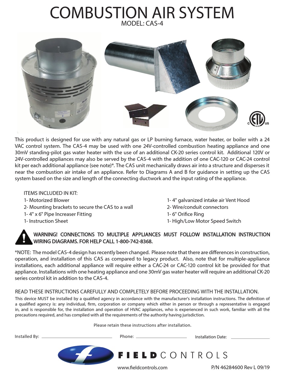 FIELD CONTROLS FAN IN A CAN CAS4 MANUAL Pdf Download ManualsLib