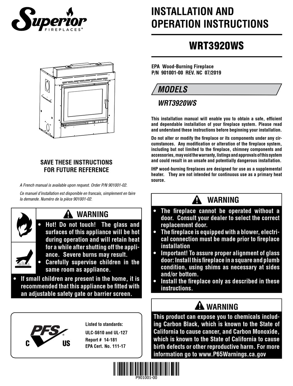 SUPERIOR FIREPLACES WRT3920WS INSTALLATION & OPERATION INSTRUCTIONS Pdf