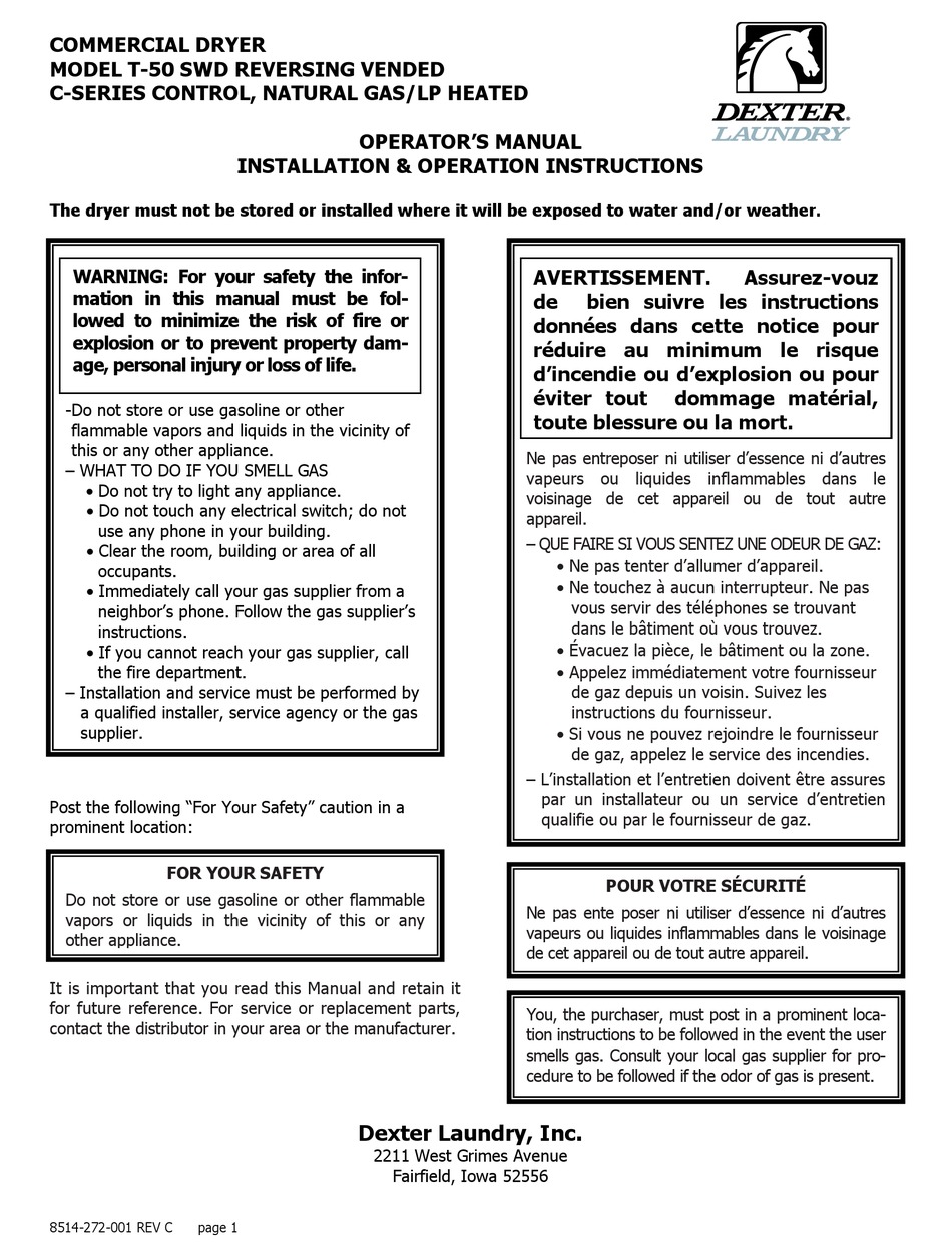 DEXTER LAUNDRY T50 OPERATORS MANUAL INSTALLATION & OPERATION