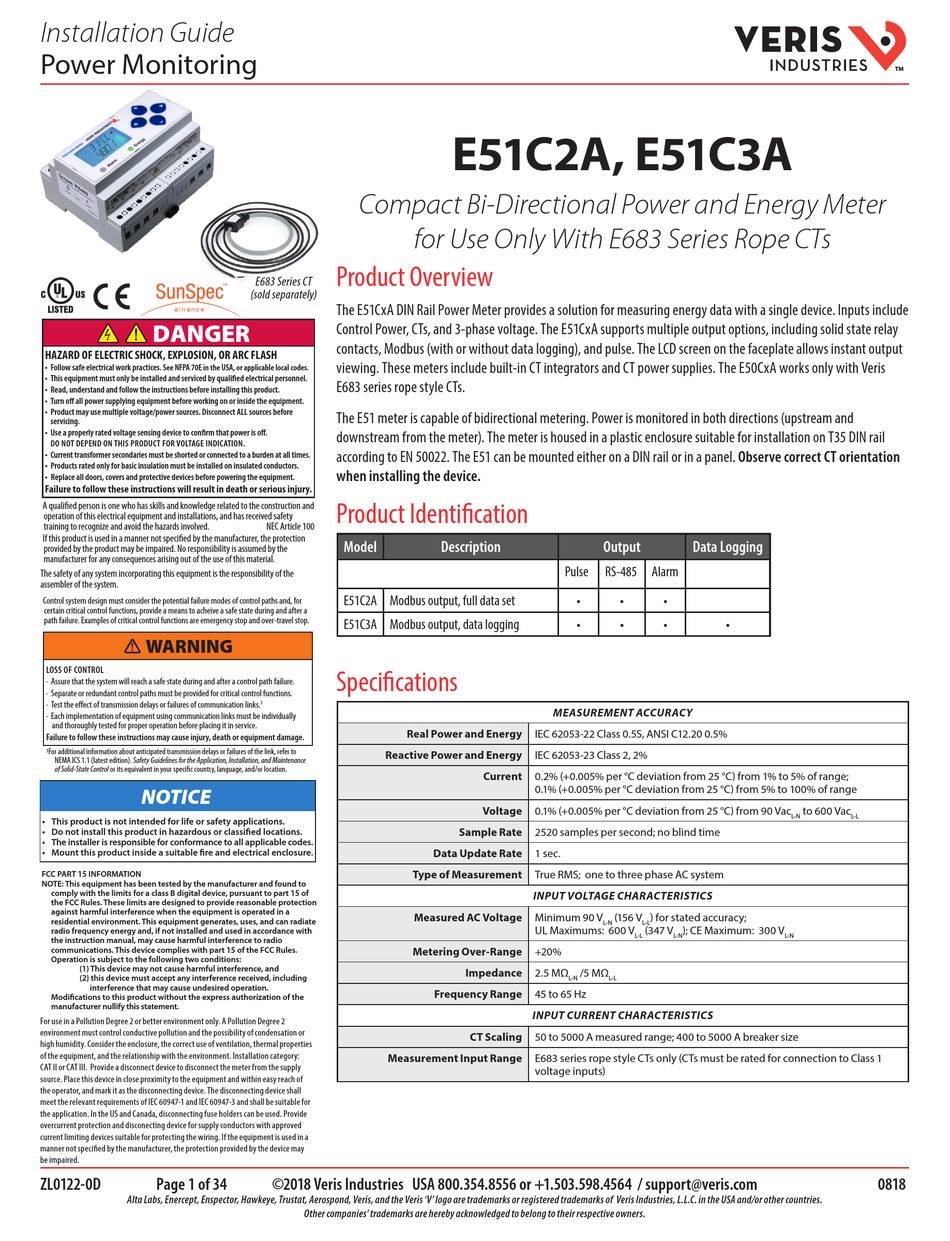 VERIS INDUSTRIES E51C2A INSTALLATION MANUAL Pdf Download | ManualsLib