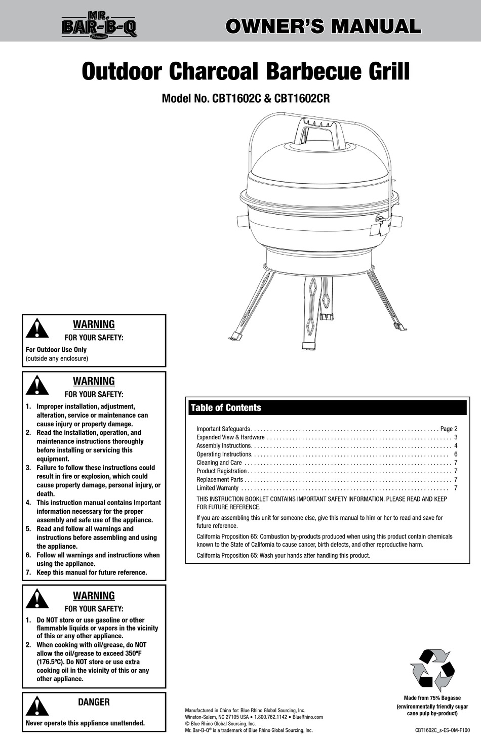 BLUE RHINO MR. BAR-B-Q CBT1602C OWNER'S MANUAL Pdf Download | ManualsLib