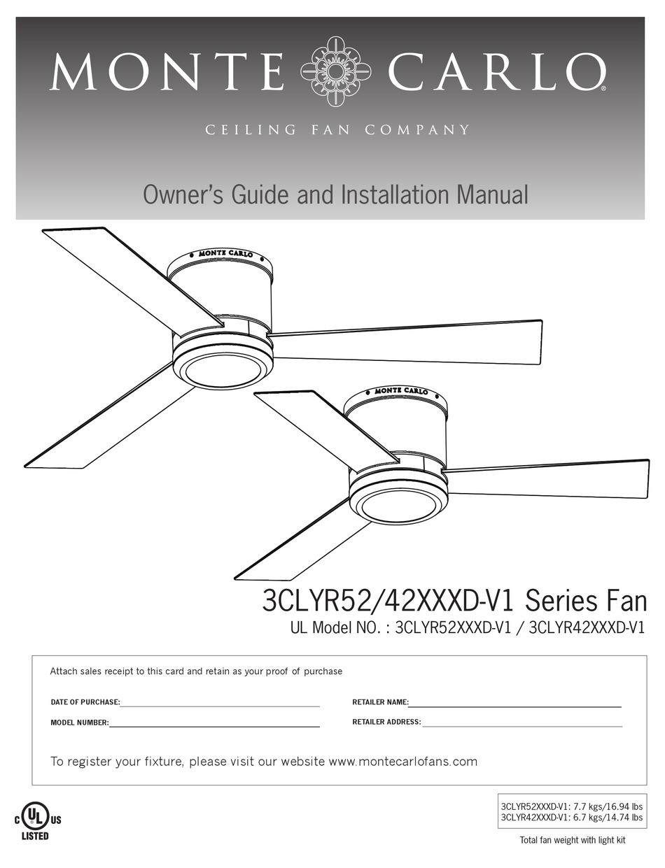 MONTE CARLO FAN COMPANY 3CLYR52 DV1 SERIES OWNER'S MANUAL AND INSTALLATION MANUAL Pdf Download