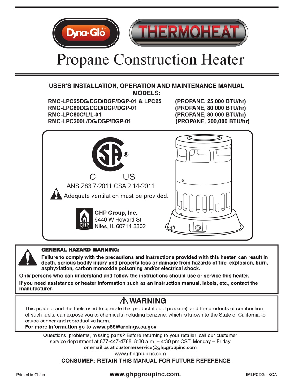 DYNA-GLO THERMOHEAT RMC-LPC25DGD USER'S INSTALLATION, OPERATION AND ...