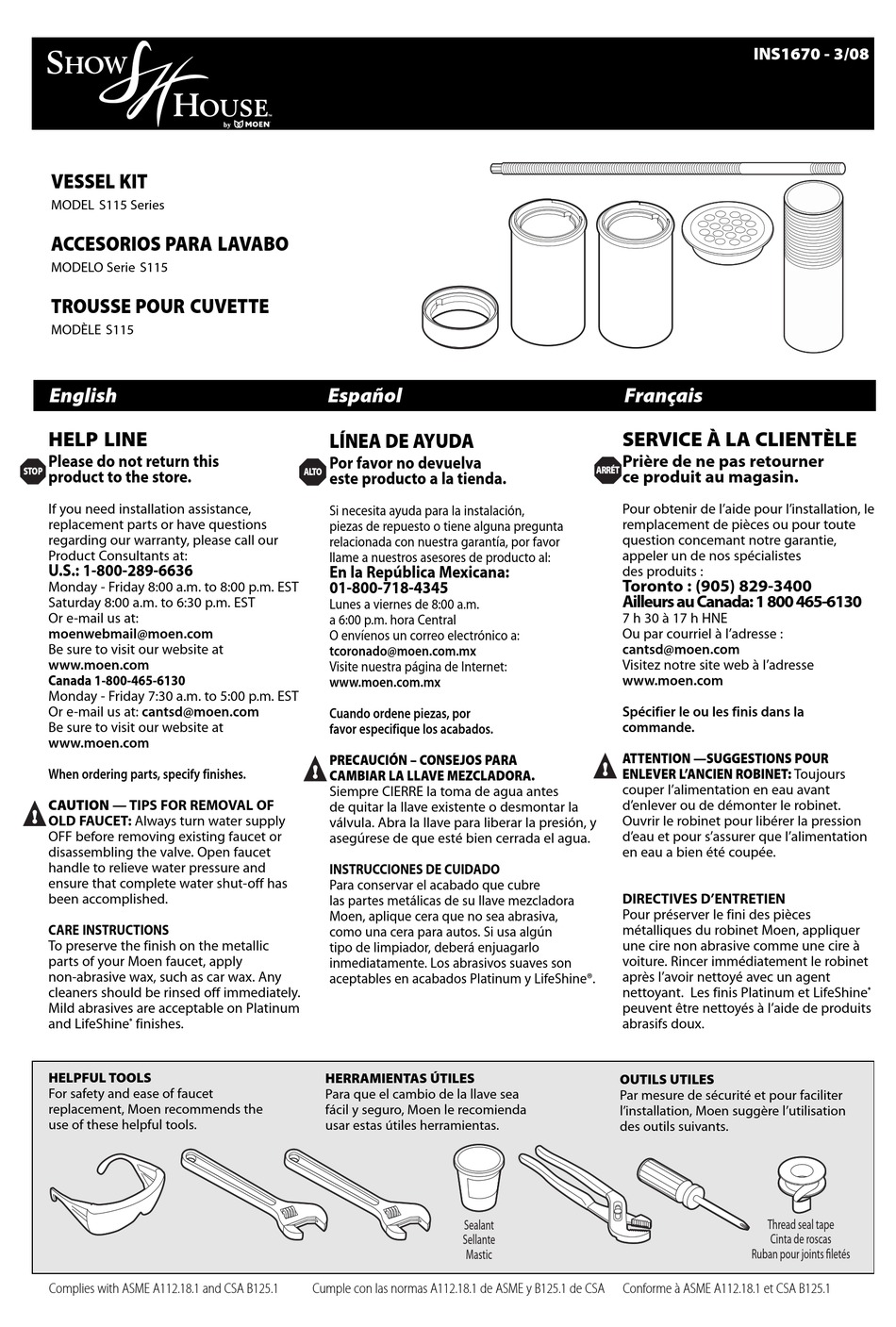 MOEN SHOW HOUSE S115 SERIES QUICK START MANUAL Pdf Download ManualsLib   Moen Show House S115 Series 