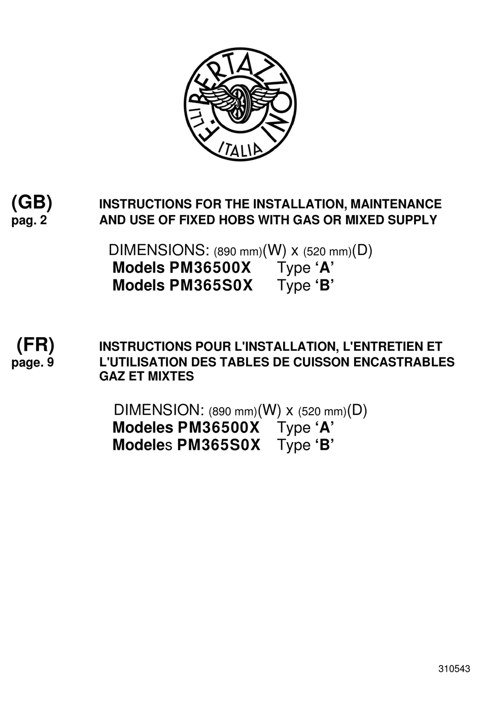 F.BERTAZZONI PM36500X INSTRUCTIONS FOR THE INSTALLATION, MAINTENANCE