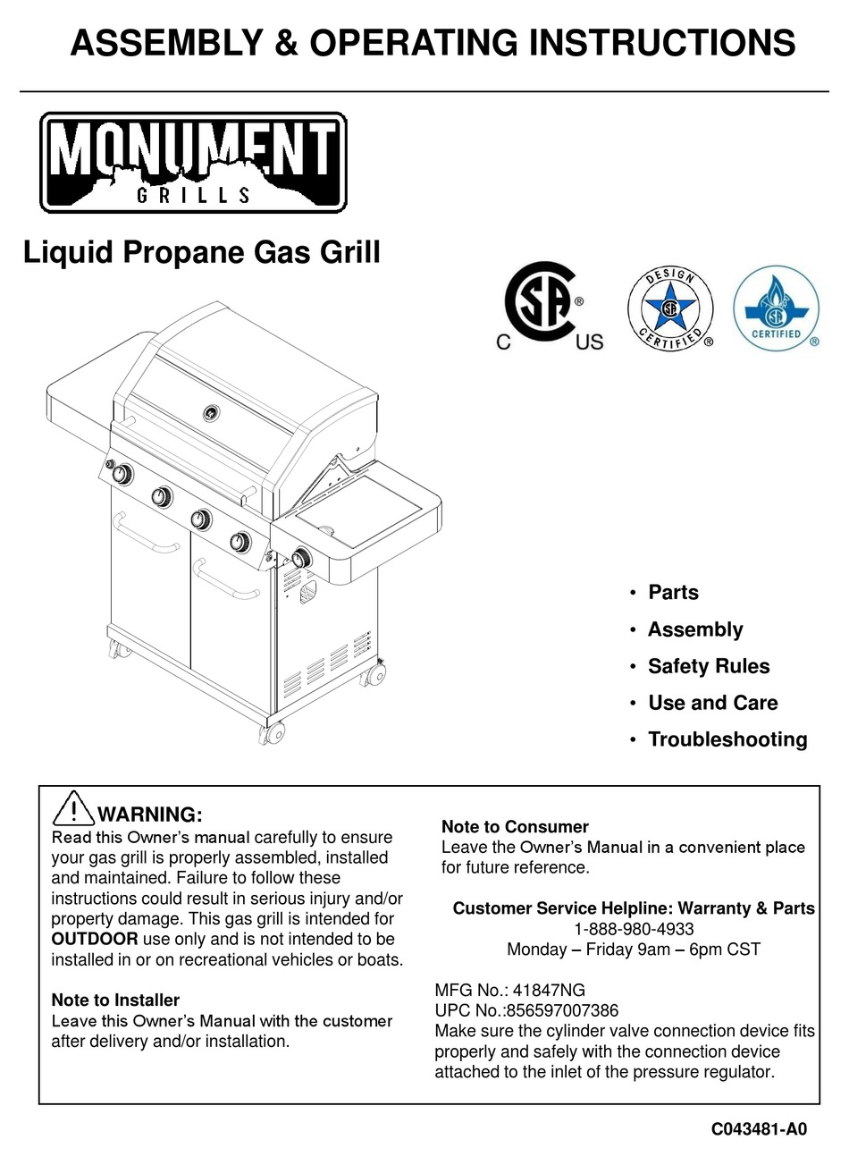 MONUMENT GRILLS 41847NG ASSEMBLY & OPERATING INSTRUCTIONS Pdf Download