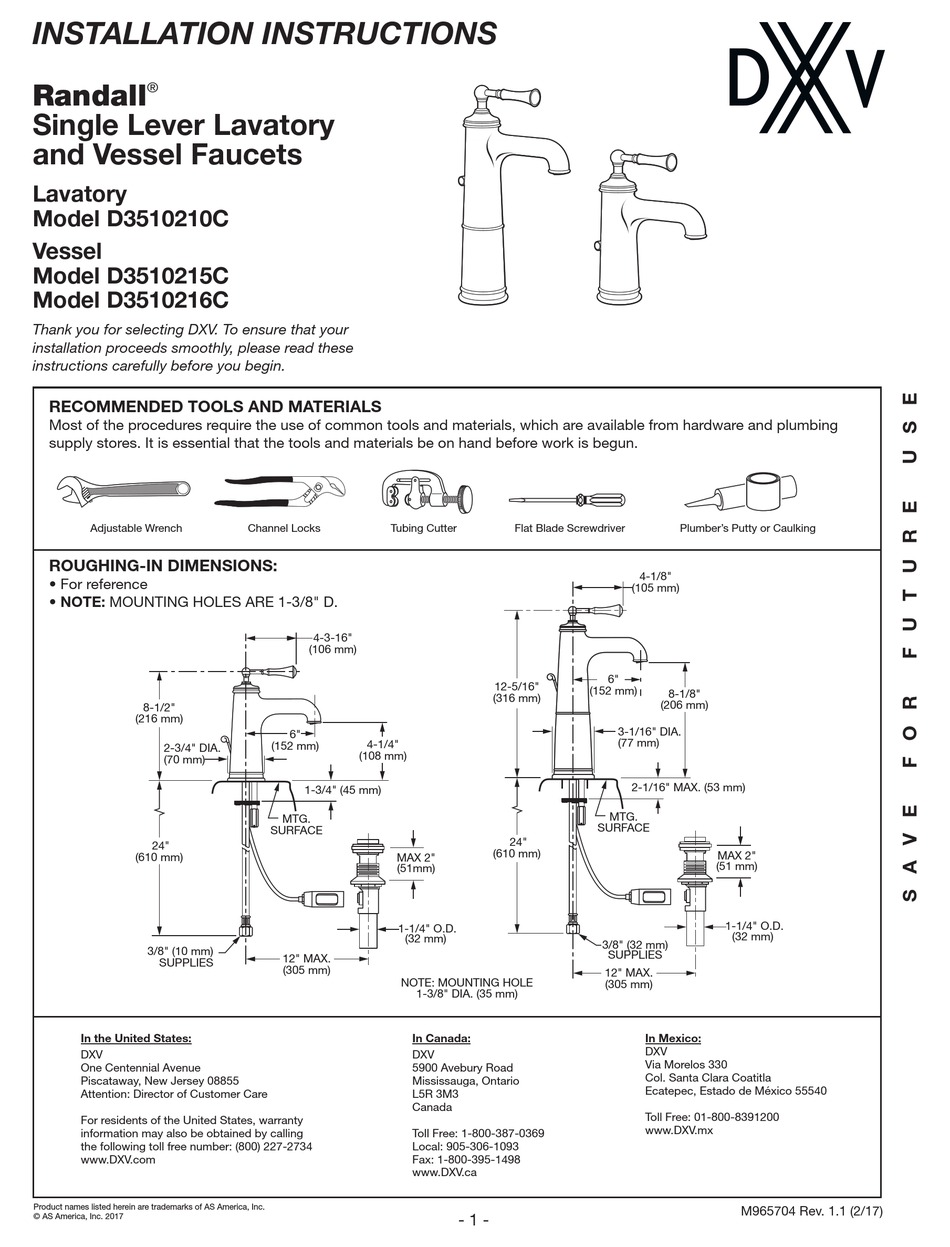 DXV RANDALL D3510210C INSTALLATION INSTRUCTIONS MANUAL Pdf Download