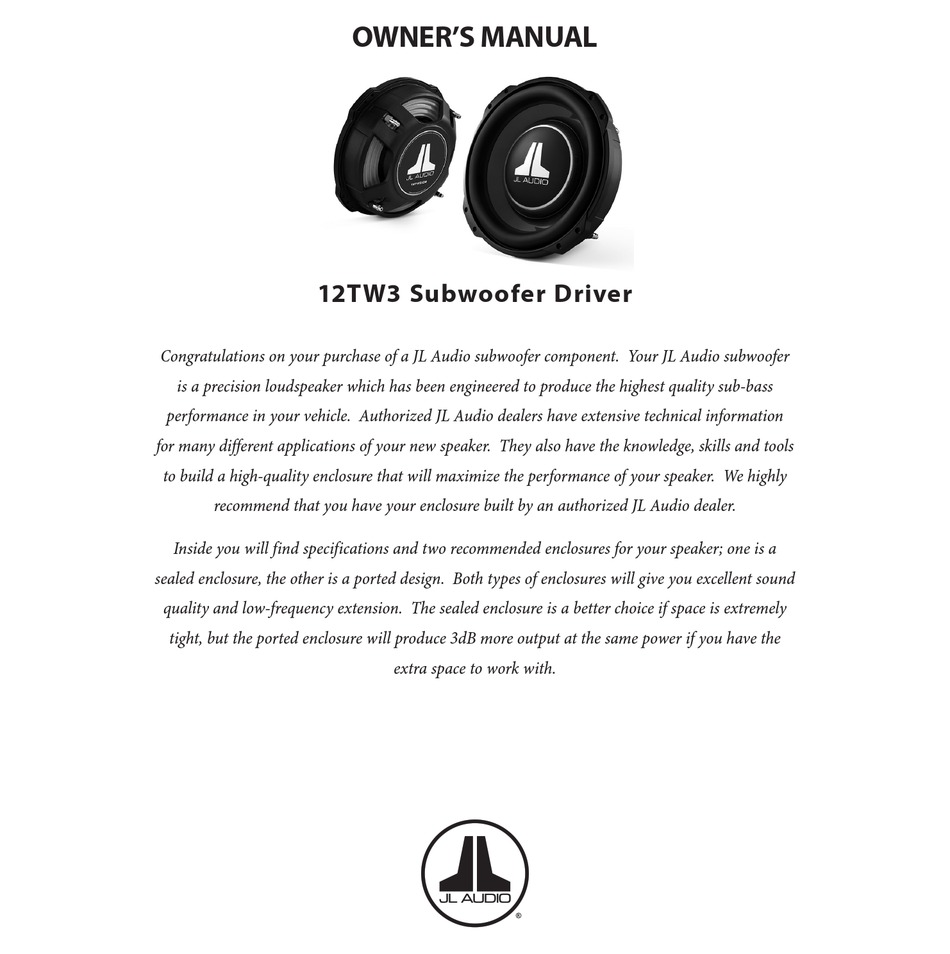 JL AUDIO 12TW3D4 OWNER'S MANUAL Pdf Download ManualsLib