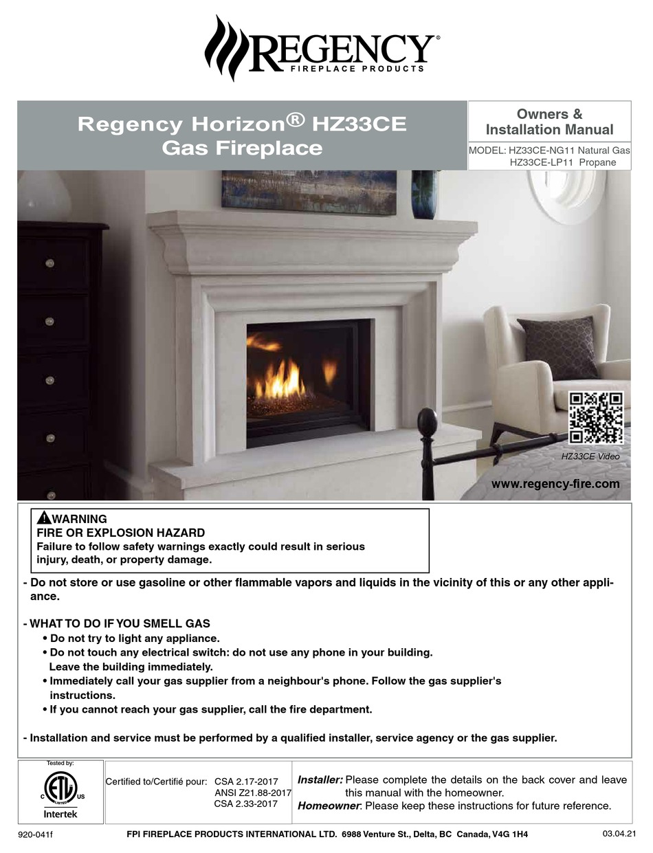 Regency Fireplace Products Horizon Hz Ce Owners Installation Manual Pdf Download Manualslib
