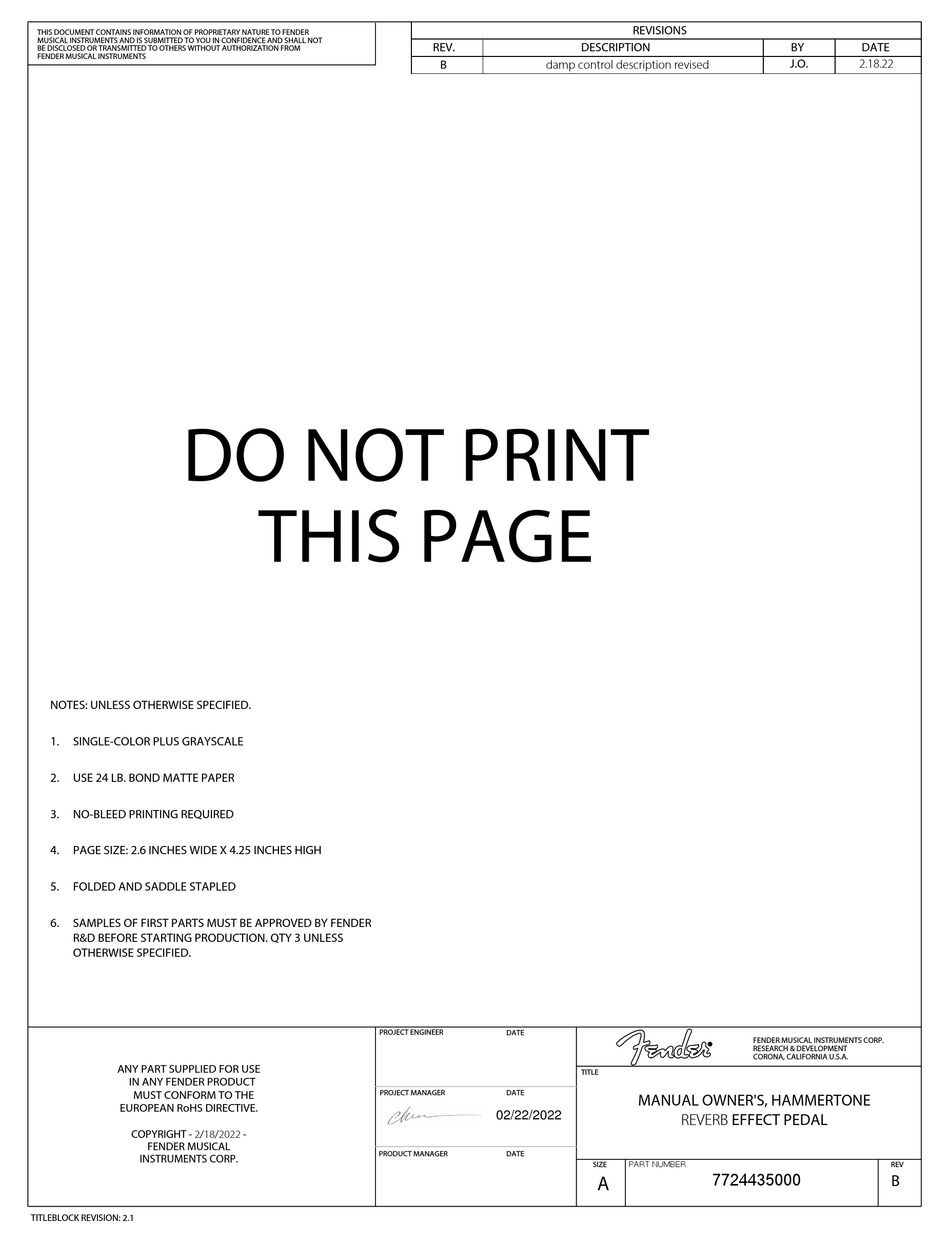 FENDER HAMMERTONE REVERB OWNER'S MANUAL Pdf Download ManualsLib