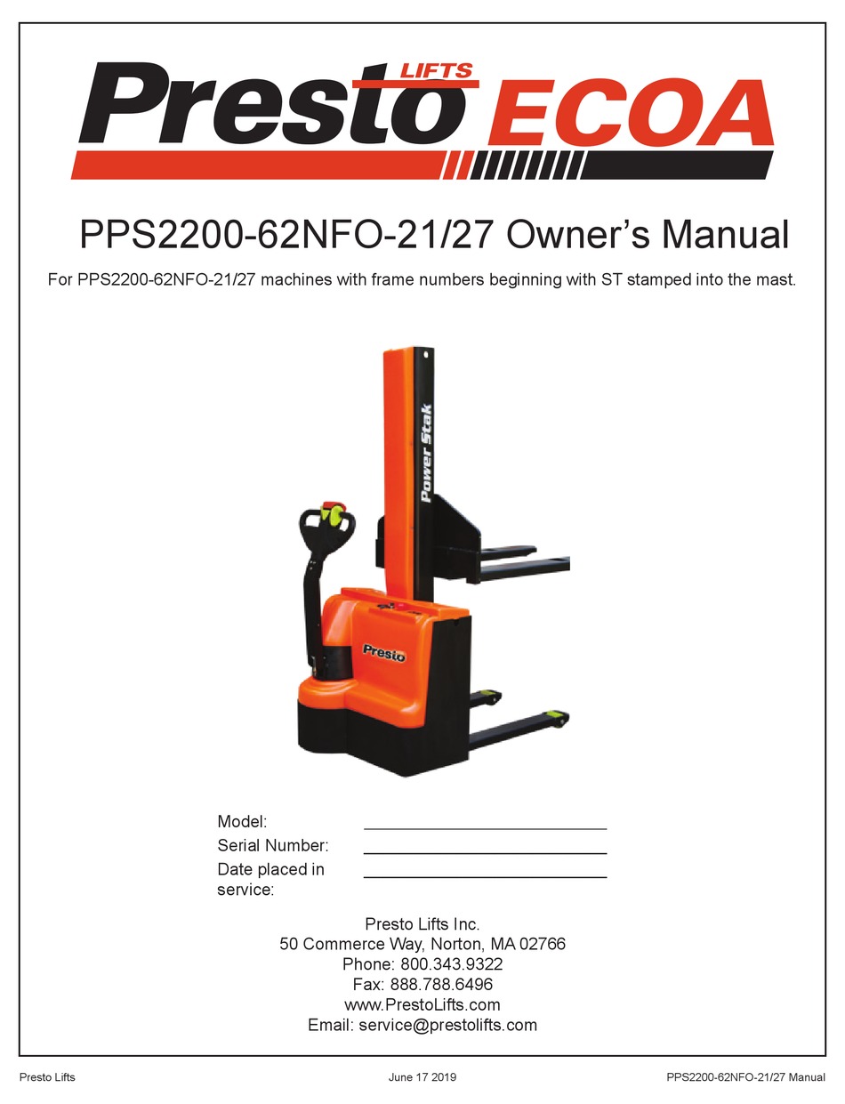 PRESTO LIFTS PPS220062NFO21 OWNER'S MANUAL Pdf Download ManualsLib