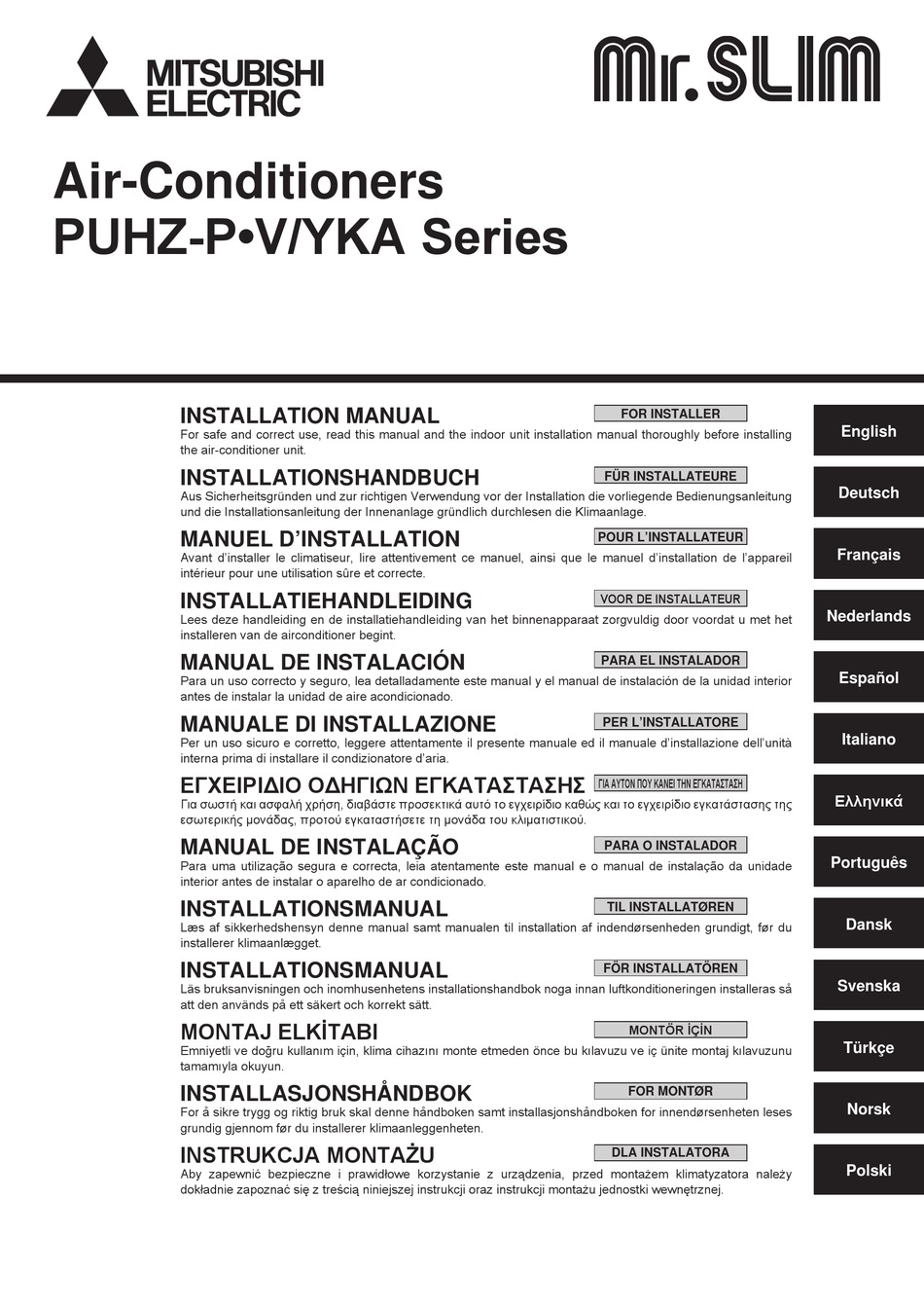 MITSUBISHI ELECTRIC MR.SLIM PUHZP V SERIES INSTALLATION MANUAL Pdf