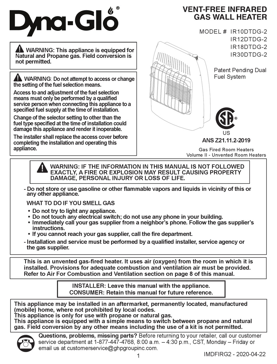 DYNAGLO IR10DTDG2 INSTALLATION & OPERATING INSTRUCTIONS MANUAL Pdf