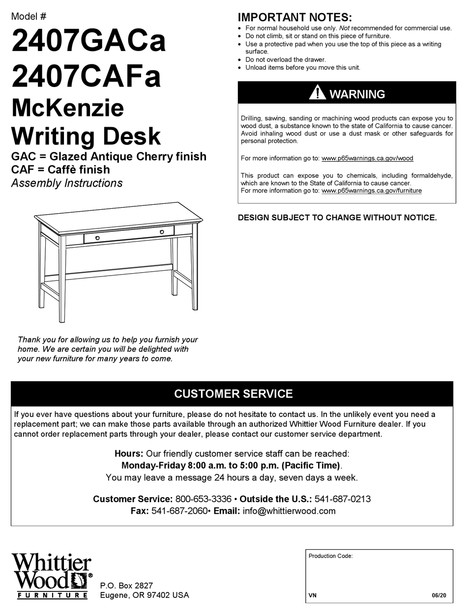WHITTIER WOOD FURNITURE MCKENZIE 2407GACA QUICK START MANUAL Pdf