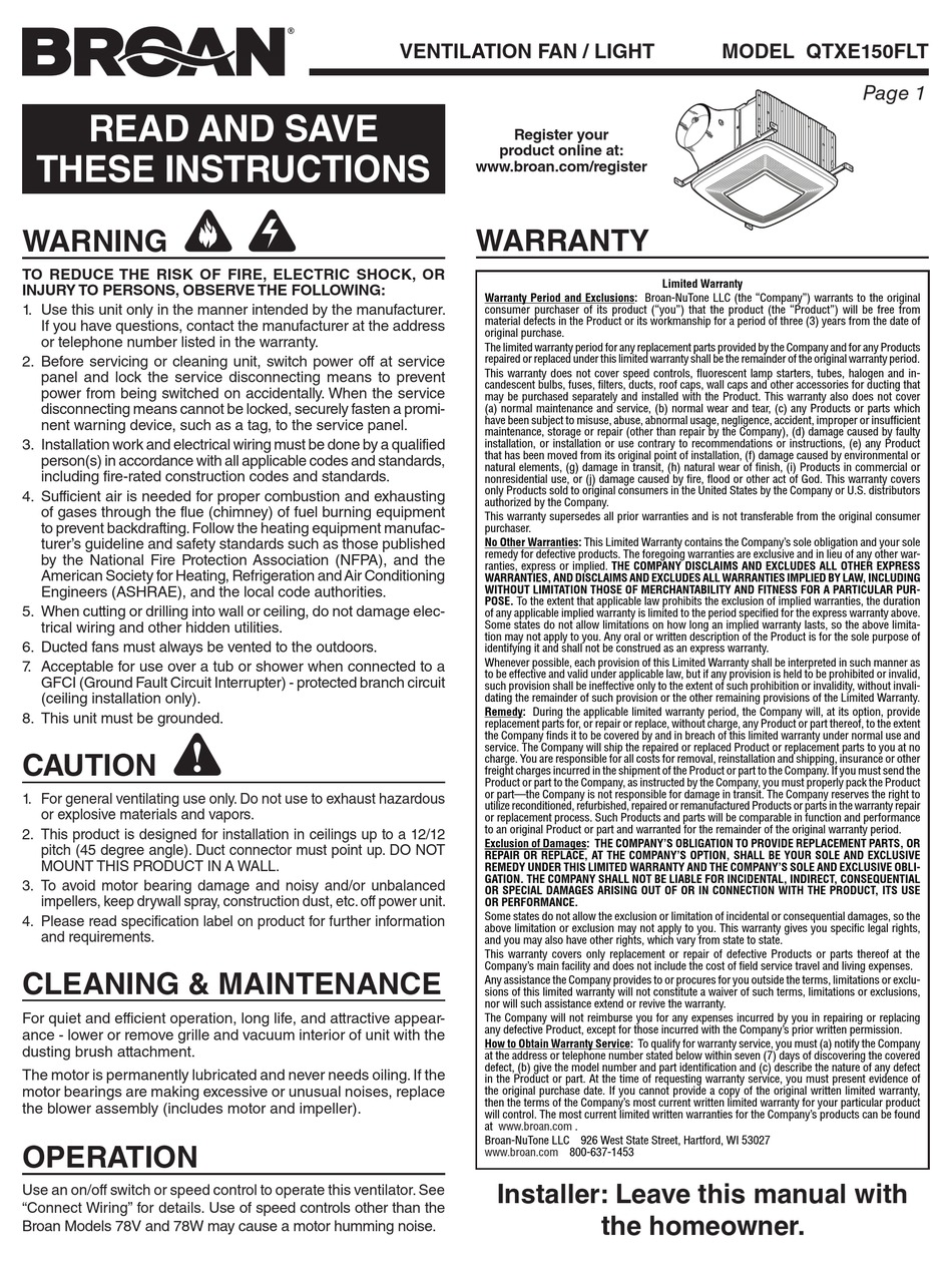 BROAN QTXE150FLT QUICK START MANUAL Pdf Download ManualsLib
