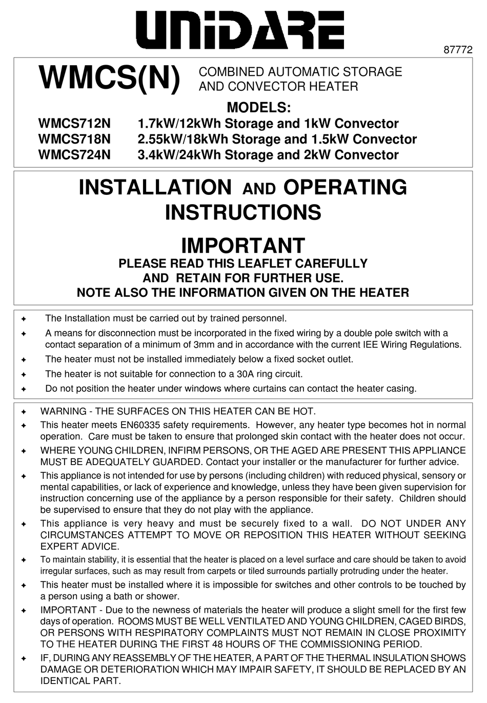 DIMPLEX WMCS712N INSTALLATION AND OPERATING INSTRUCTIONS Pdf Download