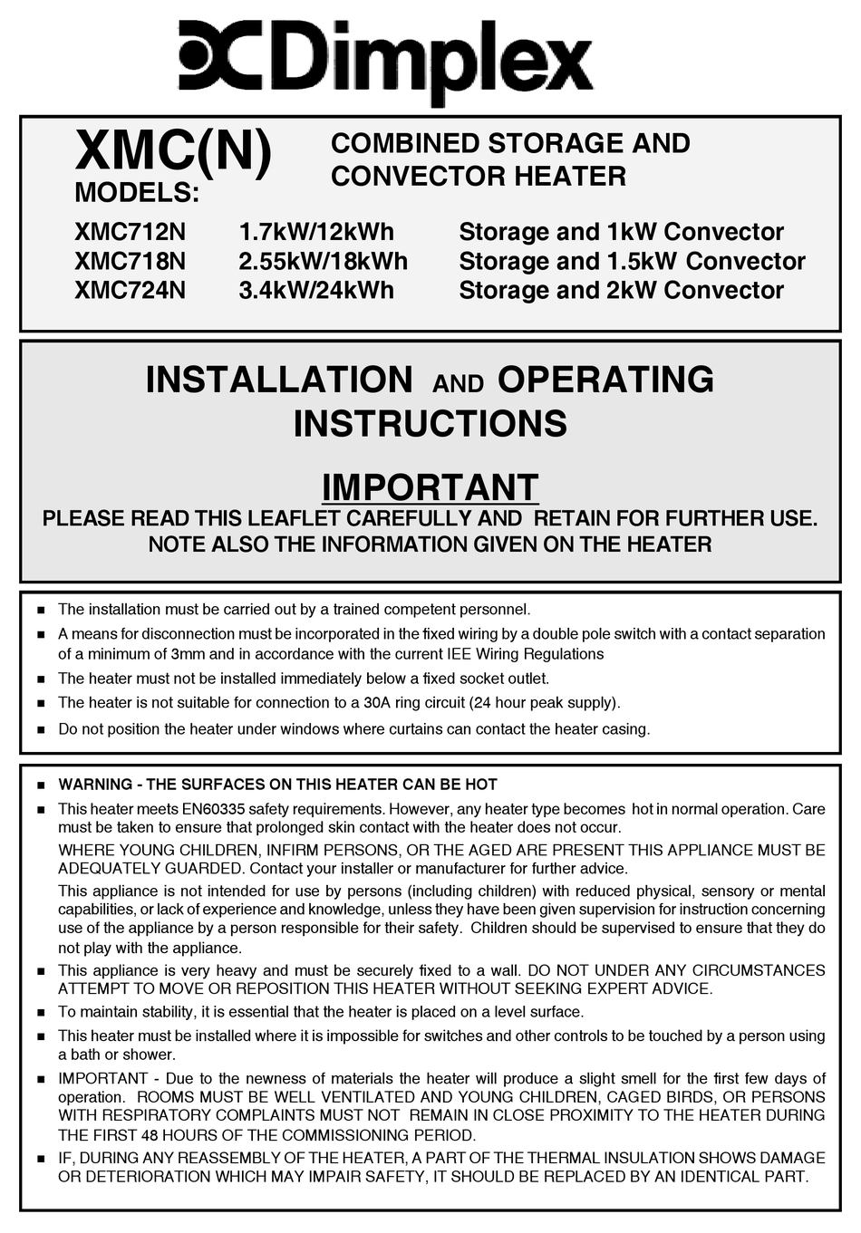 DIMPLEX XMS718N INSTALLATION AND OPERATING INSTRUCTIONS Pdf Download