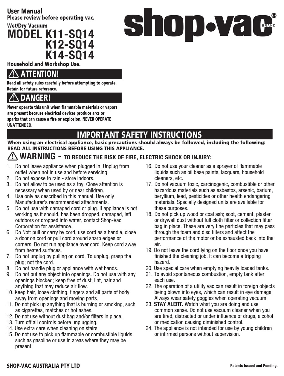 SHOPVAC K11SQ14 USER MANUAL Pdf Download ManualsLib