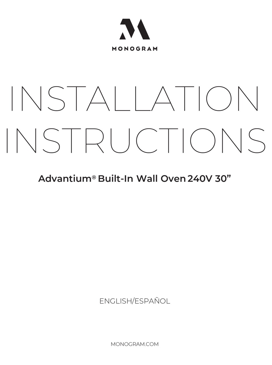 MONOGRAM ADVANTIUM ZSB9232N1SS INSTALLATION INSTRUCTIONS MANUAL Pdf