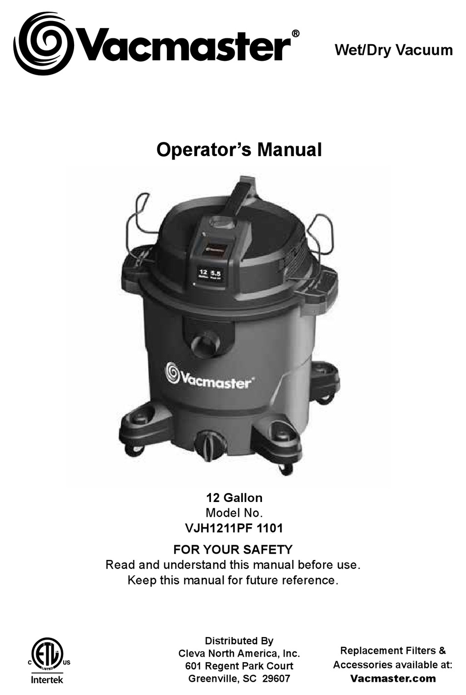 VACMASTER VJH1211PF 1101 OPERATOR