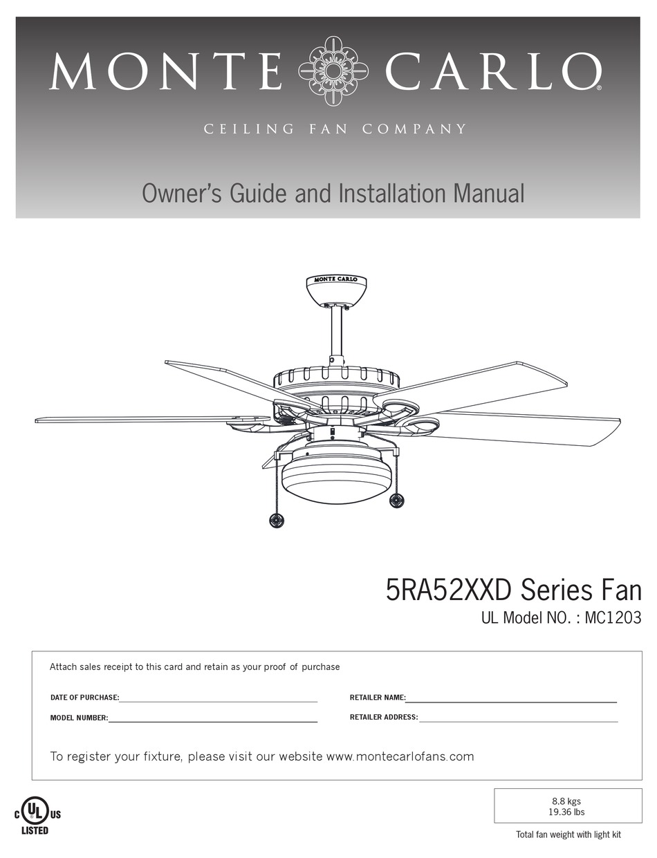 MONTE CARLO FAN COMPANY RADIAL 5RA52 D SERIES OWNER'S MANUAL AND