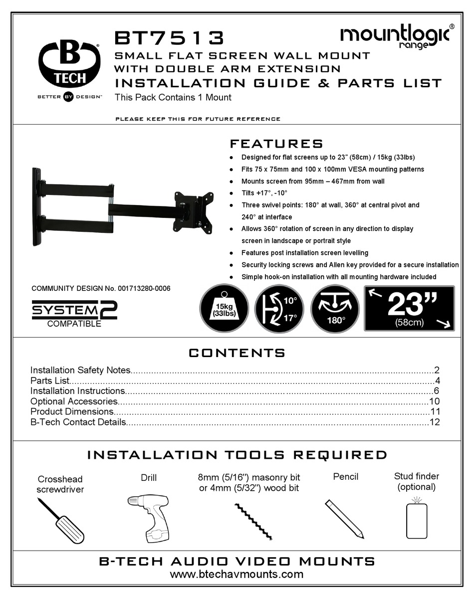 B-TECH MOUNTLOGIC BT7513 INSTALLATION MANUAL & PARTS LIST Pdf Download ...