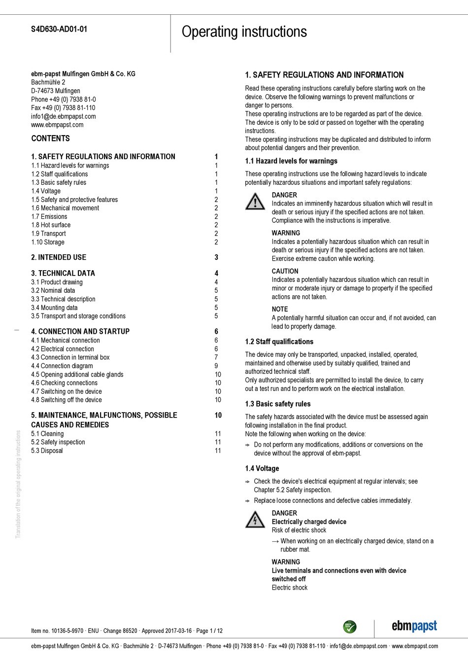 EBM-PAPST S4D630-AD01-01 OPERATING INSTRUCTIONS MANUAL Pdf Download ...