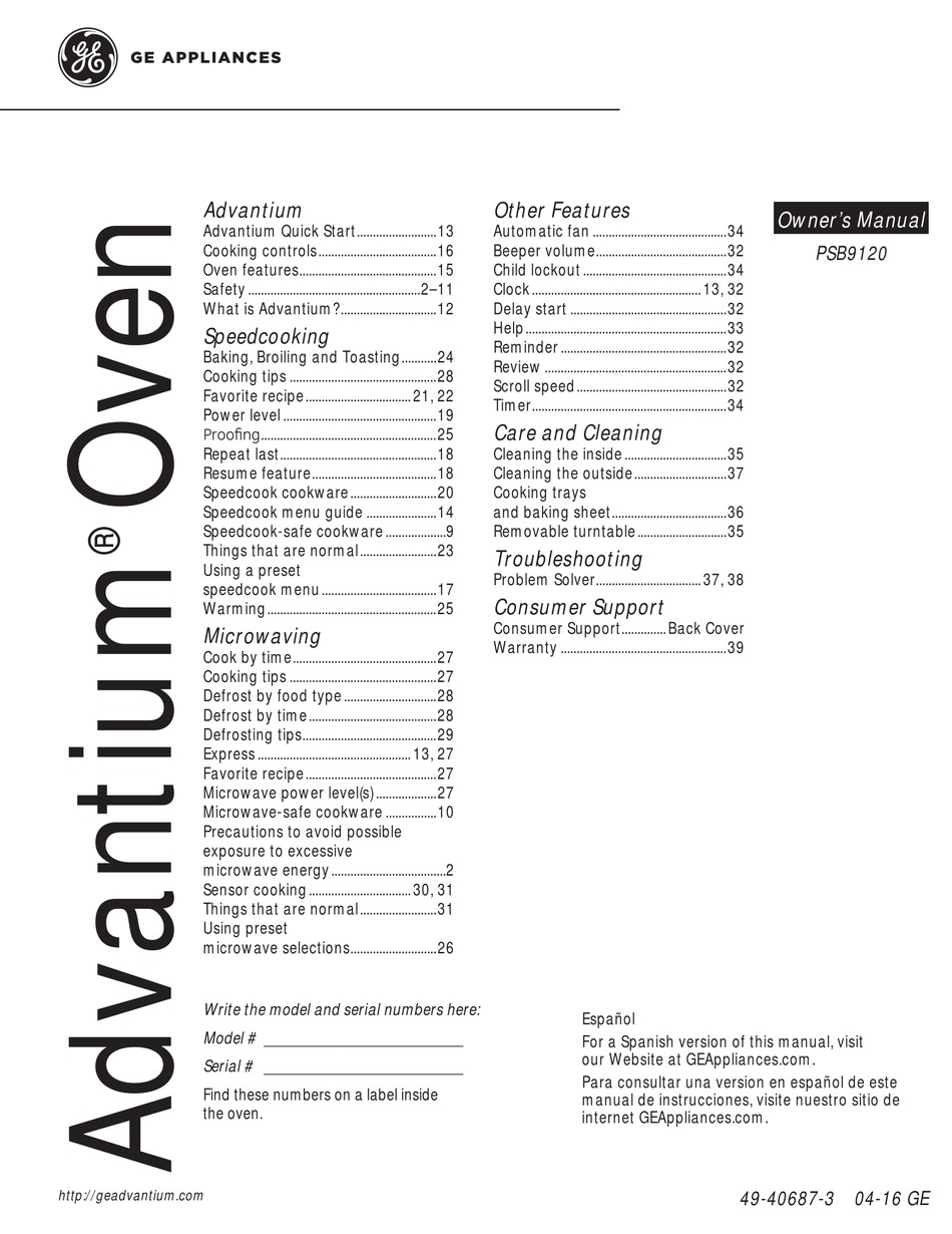GE ADVANTIUM PSB9120EFES OWNER'S MANUAL Pdf Download ManualsLib
