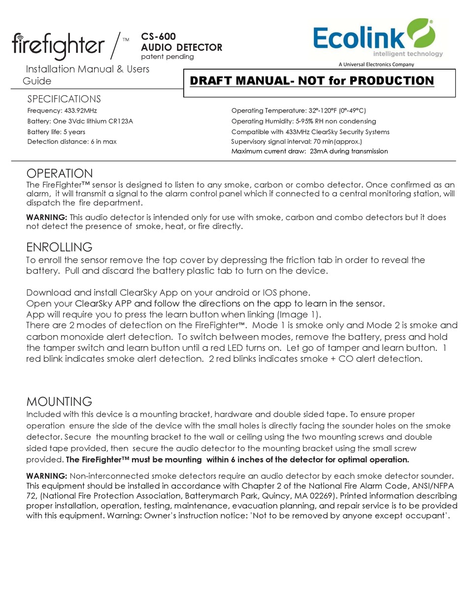 ECOLINK FIREFIGHTER CS600 INSTALLATION MANUAL & USERS MANUAL Pdf