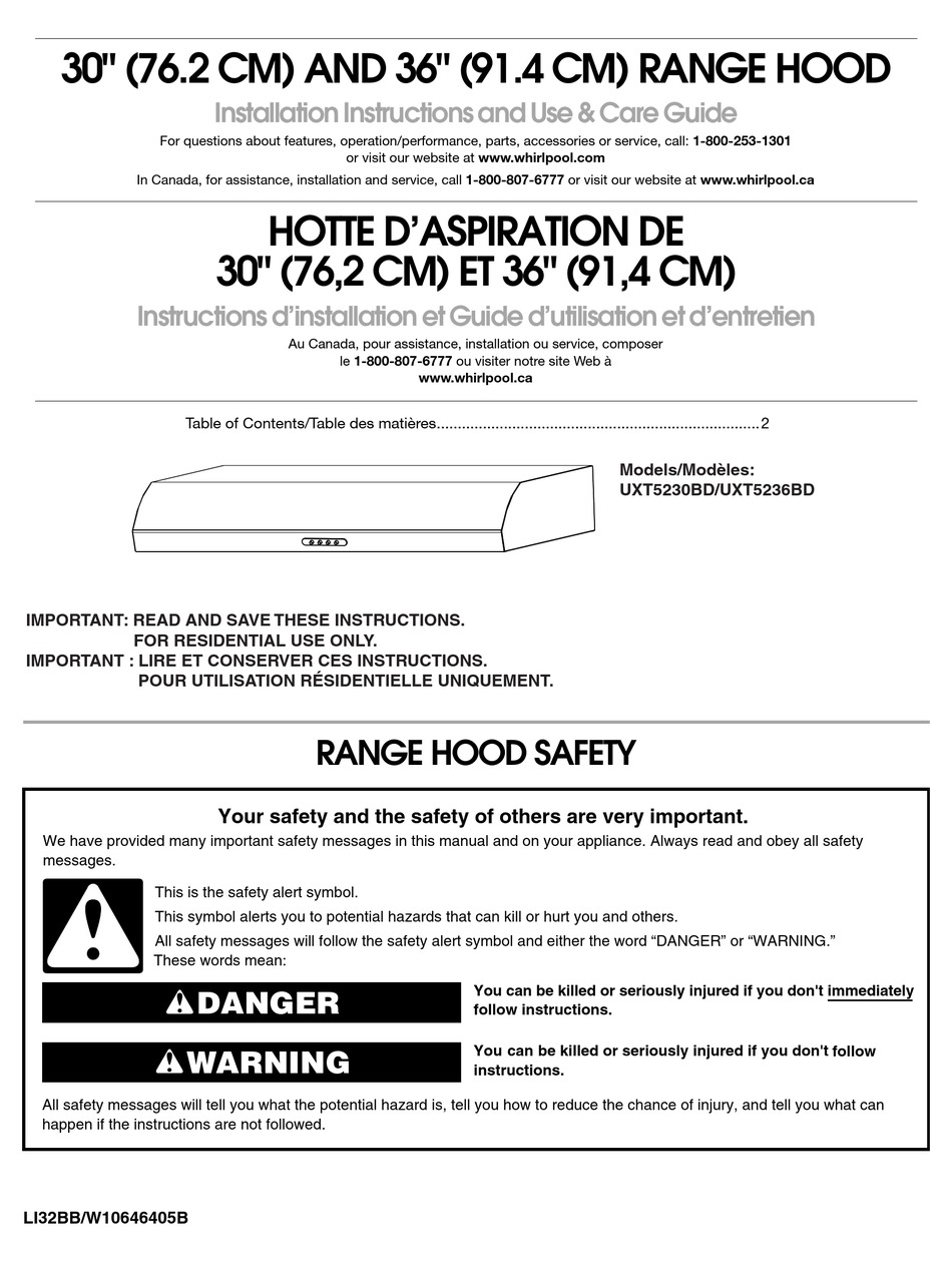 WHIRLPOOL UXT5236BD INSTALLATION INSTRUCTIONS AND USE & CARE MANUAL Pdf