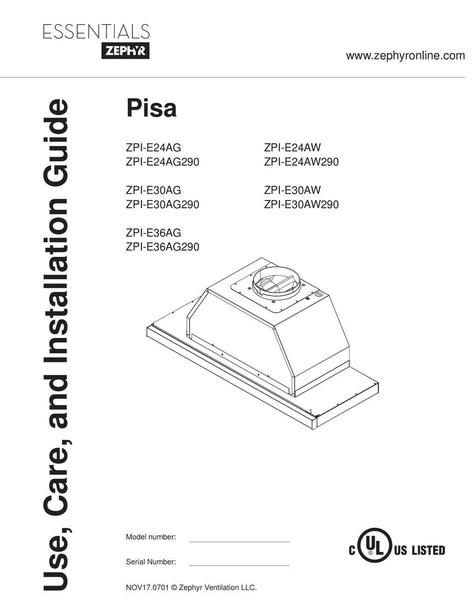 ZEPHYR ESSENTIALS PISA ZPIE30AG USE, CARE AND INSTALLATION MANUAL Pdf