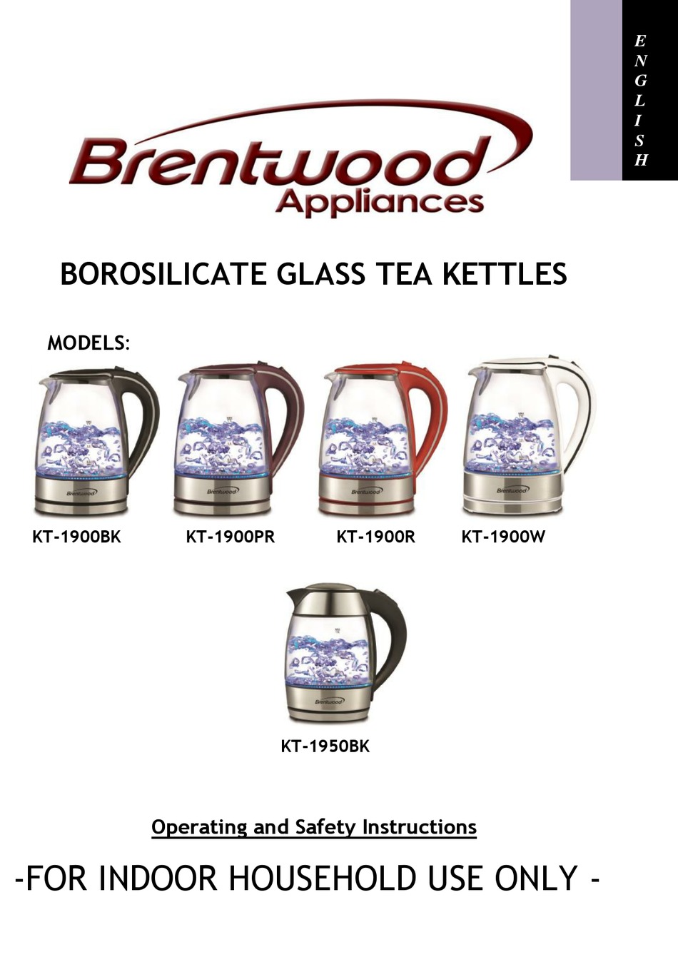 BRENTWOOD APPLIANCES KT1900BK OPERATING AND SAFETY INSTRUCTIONS MANUAL