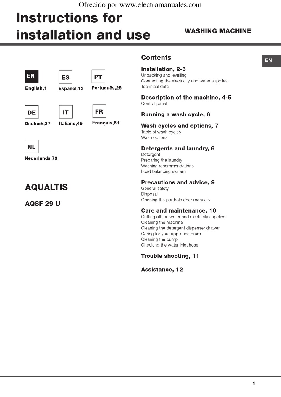 HOTPOINT ARISTON AQUALTIS AQ8F 29 U INSTRUCTIONS FOR INSTALLATION AND ...