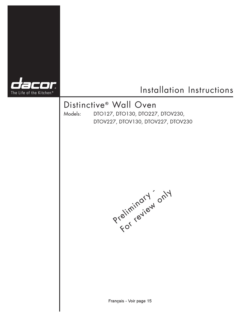 DACOR DISTINCTIVE DTO227 INSTALLATION INSTRUCTIONS MANUAL Pdf Download   Dacor Distinctive Dto227 