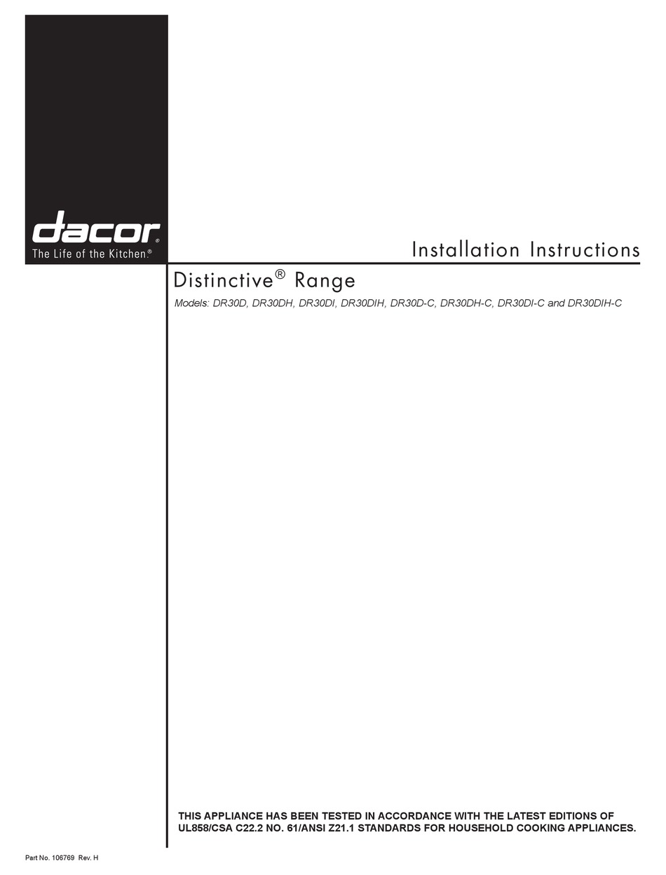 DACOR DISTINCTIVE DR30D INSTALLATION INSTRUCTIONS MANUAL Pdf Download