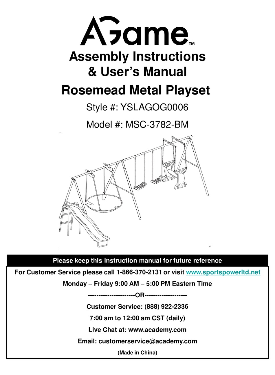 AGAME YSLAGOG0006 ASSEMBLY INSTRUCTIONS & USER MANUAL Pdf Download