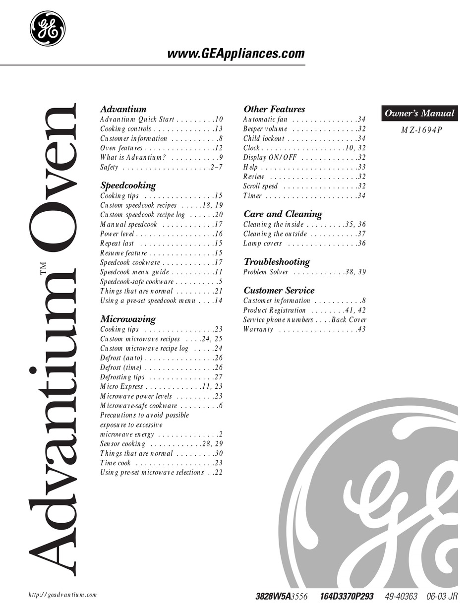 GE ADVANTIUM MZ1694P OWNER'S MANUAL Pdf Download ManualsLib
