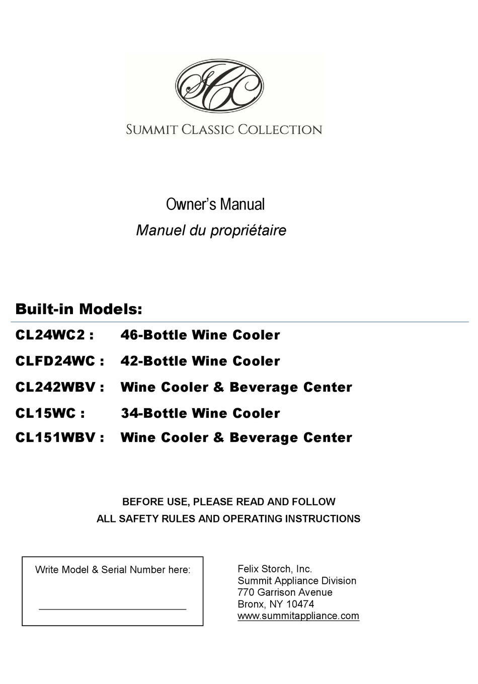 SUMMIT CLASSIC CL242WBV OWNER'S MANUAL Pdf Download ManualsLib