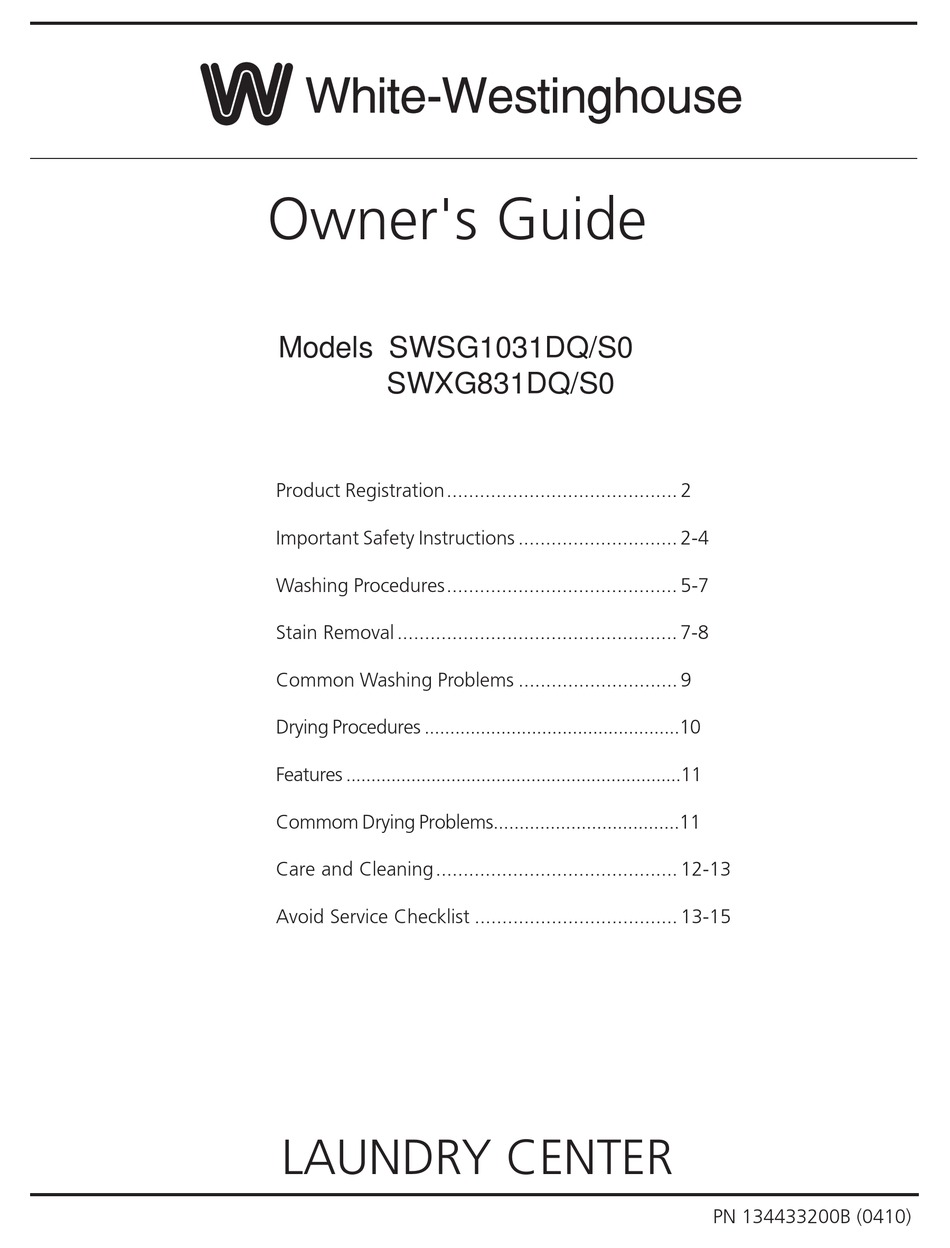 WHITEWESTINGHOUSE SWSG1031DQ/S0 OWNER'S MANUAL Pdf Download ManualsLib