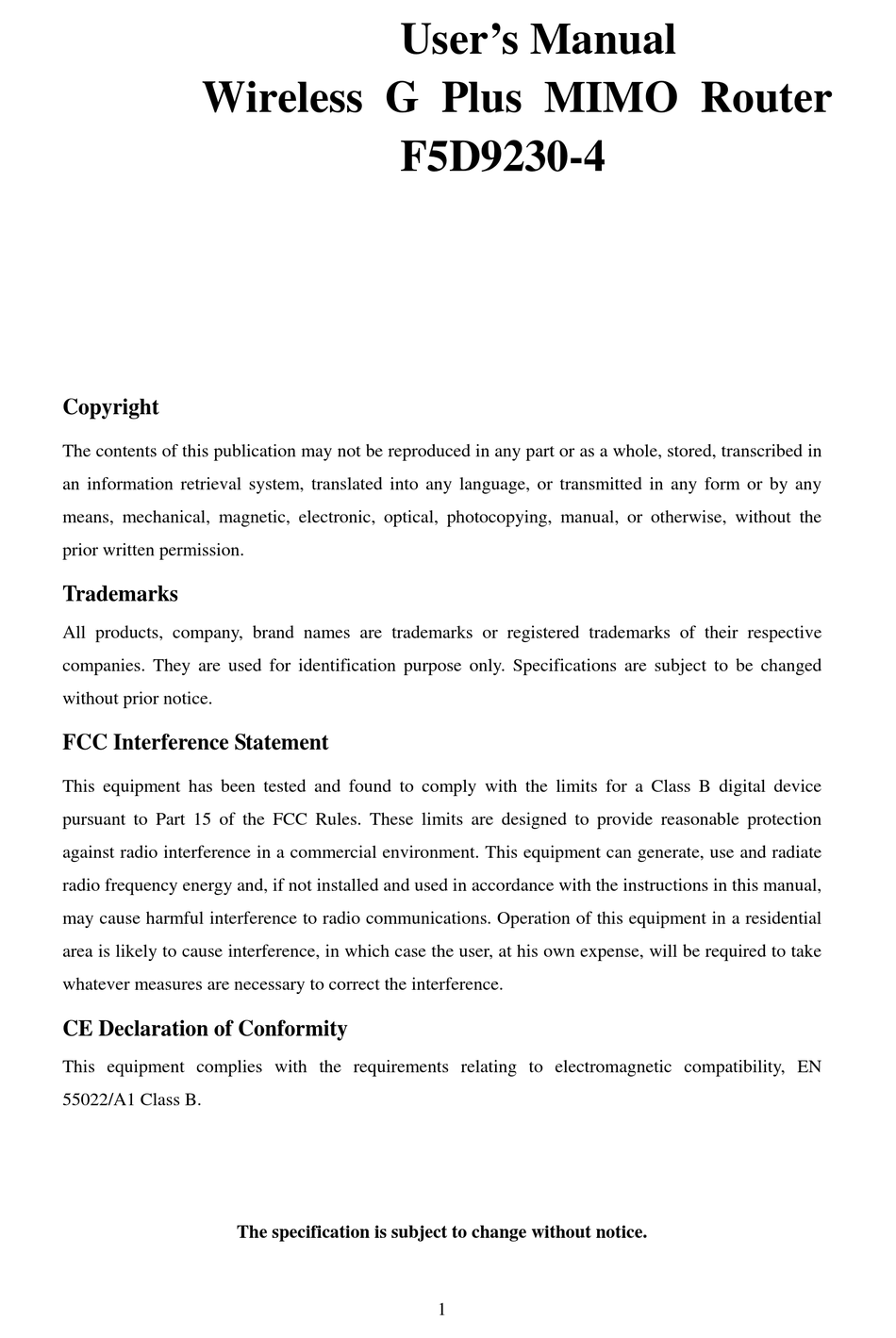 BELKIN F5D9230-4V4 USER MANUAL Pdf Download | ManualsLib